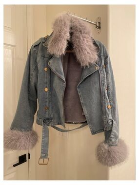 Light Blue Denim Jacket with Gray Faux Fur Trim by